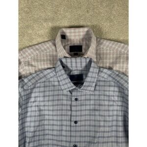 Lot Of 2 David Donahue 17 34-35 Trim Button Up Oxford Plaid Shirt L/S Flawless